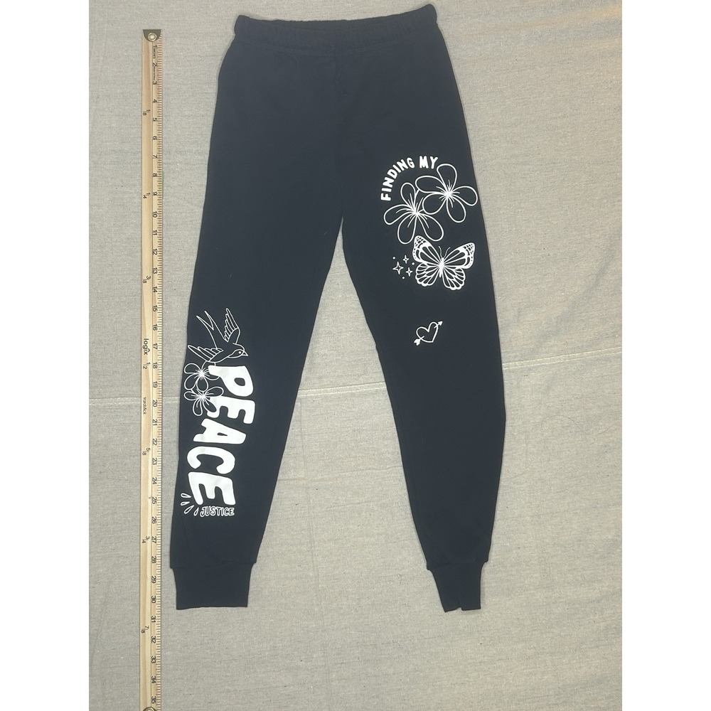 Justice Girls Jogger Pants Peace Butterfly Flower Graphic Black Fleece 10